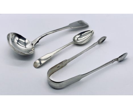 A Georgian hallmarked silver ladle along with a Georgian pair of sugar tongs and tea spoon, total weight 98.5g