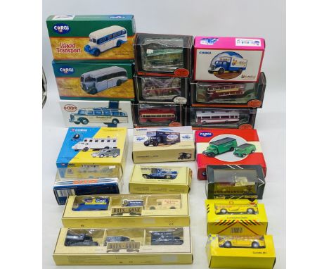 A collection of boxed die-cast vehicles including Corgi buses, Gilbow Exclusive First Edition buses, two Lledo Days Gone trip