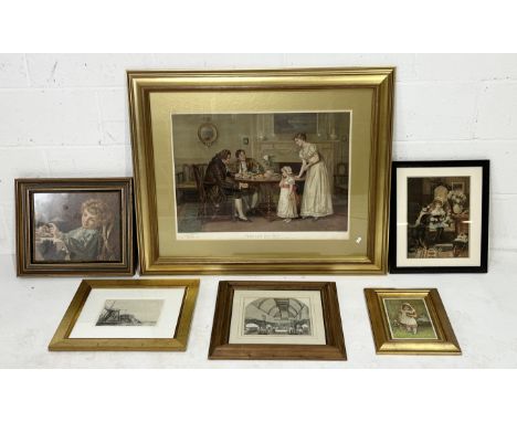 A collection of framed prints including large Pears print, reproduction Rembrandt etching etc.