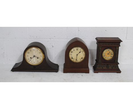 Three wooden mantel clocks, including one by 'The Gilbert Clock Company' and 'Harold Clocks'  