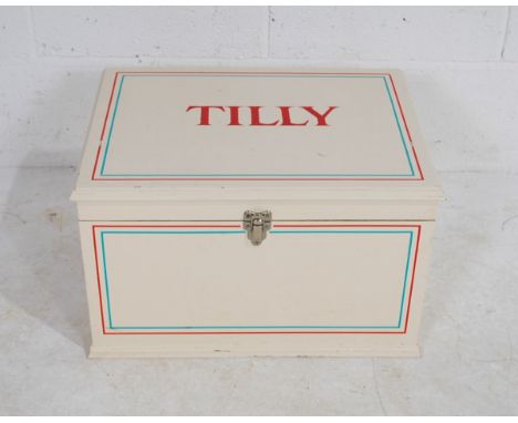 A small painted wooden trunk, named 'Tilly' to the top - length 57cm, depth 41cm, height 32cm