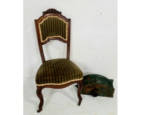 An antique mahogany framed dining chair, and a cast iron hopper.