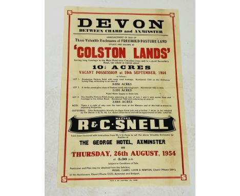 A vintage R&C Snell (Axminster) poster for the sale of "Colston Lands" near Axminster, dated Thursday 26th August 1954 - loca