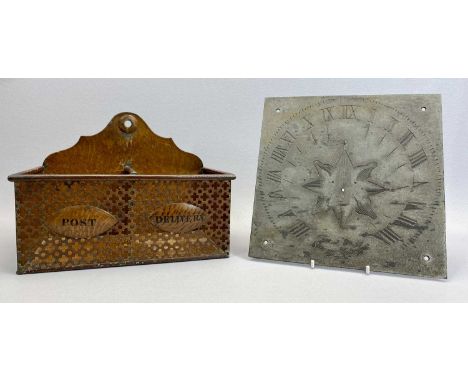 UNUSUAL TIN PLATE TWO DIVISION LETTERBOX - late 19th century, painted wood effect finish, the pierced front with two oval pla