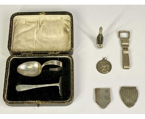 HALLMARKED, CONTINENTAL 925 STAMPED SILVER &amp; WHITE METAL COLLECTABLES GROUP - to include a child's feeding spoon and push