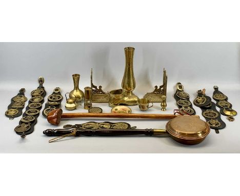 LEATHER MARTINGALES WITH HORSE BRASSES COLLECTION, mainly souvenir, an ornamental miniature miner's lamp, pair of pierced bra