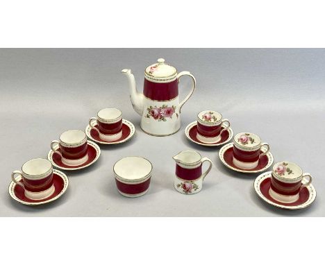 A NEW CHELSEA STAFFORDSHIRE COFFEE SERVICE - glazed in white with a burgundy band and gilded highlights, hand painted with ro