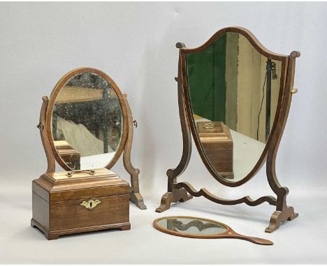 19TH CENTURY MAHOGANY SKELETON FRAMED DRESSING TABLE MIRROR - shield shaped plate, 53.5cms H, 38cms W, smaller mahogany skele