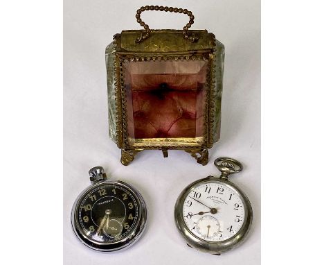 VICTORIAN LADY'S FOB WATCH, display box and two vintage base metal pocket watches, one marked 'Ingersoll' with black dial, th