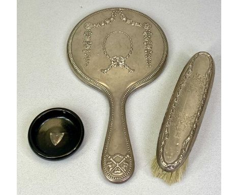 HALLMARKED SILVER DRESSING TABLE ITEMS (3) - to include a circular hand mirror with ribbon and floral swag decoration to the 