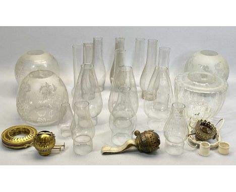GLOBULAR ETCHED GLASS OIL LAMPSHADES (2), 19cms H, two etched glass oil lampshades of ovoid form, 19 and 18cms H, oil lamp gl