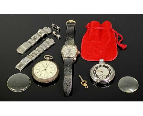 HARRIS &amp; SONS MANCHESTER SILVER CASED POCKET WATCH, chrome cased pocket watch and a modern gent's wristwatch, the Harris 