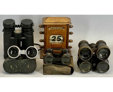 VINTAGE OAK DESK CALENDAR, BINOCULARS &amp; OPERA GLASSES (4 pairs), a modern pair, Kylietech