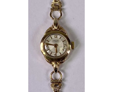 LADY'S VINTAGE 9CT GOLD BRACELET WRISTWATCH - the dial marked 'Stiffler's', 17 jewels having Arabic quarters and baton marker