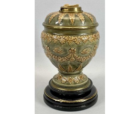 DOULTON LAMBETH STONEWARE OIL LAMP BASE - late 19th century, green mottle glazed and moulded in relief with acanthus leaves, 