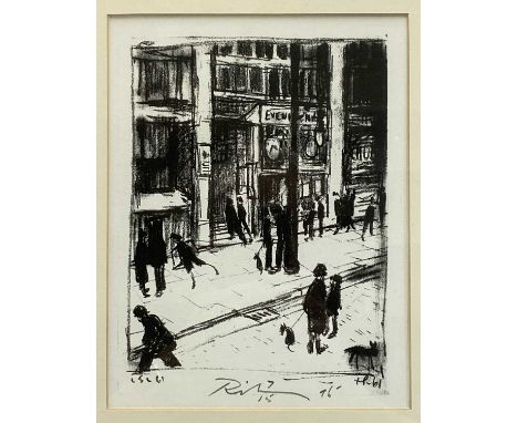 HAROLD RILEY &amp; L S LOWRY lithograph pencil of Manchester Evening News building, numbered 7/15 and signed by Riley 22.5 x 