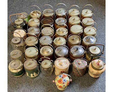 VINTAGE OAK, OTHER WOODS, GLASS &amp; POTTERY BISCUIT BARRELS including Jasperware, oak, ETC (32 in total)