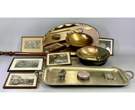 METALWARE ASSORTMENT to include EPNS tea service ware, a long EPNS tray, a brass long handled bed warming pan, Ronson lighter