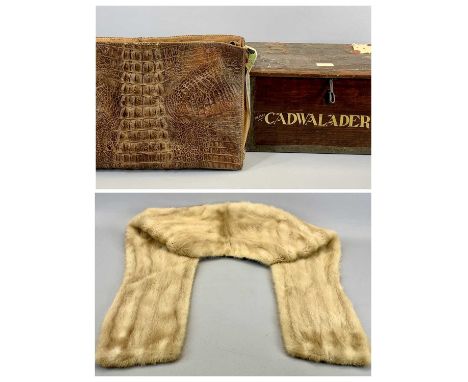 VINTAGE PINE BOX - metal bound and with hinged cover, lettered to the front 'Messrs Cadwallader &amp; Co', 22cms H, 44cms W, 