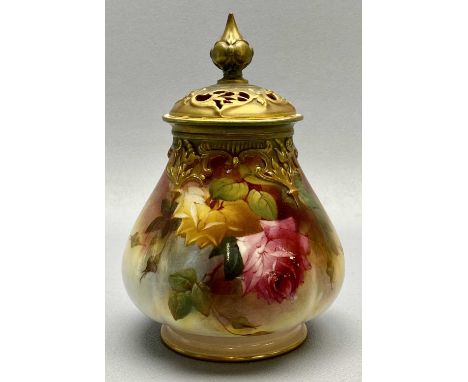 A ROYAL WORCESTER VASE - of ribbed waisted form, hand painted with roses and leaves and signed 'Hood', reticulated cover with