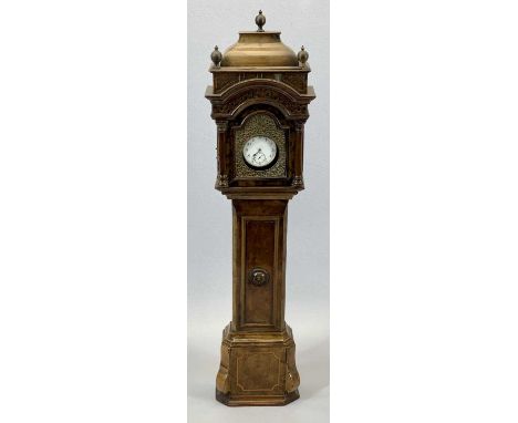 VICTORIAN WALNUT WATCH HOLDER - modelled as a longcase clock, canopy top with gilded brass ball finials, pierced brass dial s