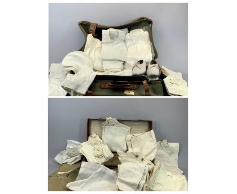 VINTAGE LEATHER SUITCASE and a vintage canvas suitcase with leather fittings containing Naval clothing, shirts, shorts, ETC w