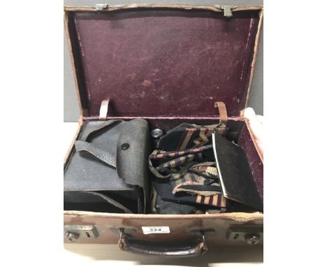 A VINTAGE CASE CONTAINING BOX CAMERA BINOCULARS AND SEAMANS EPHEMERA