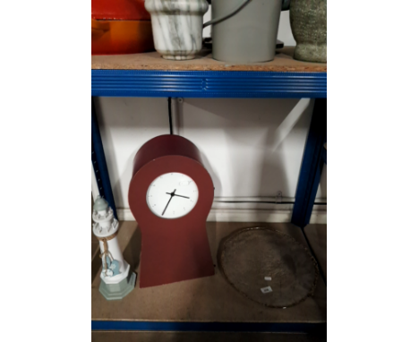 A GLASS TRAY, A CLOCK CUPBOARD AND LIGHTHOUSE ORNAMENT