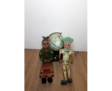 PAIR ARTICULATED SHELF SITTERS AND CHAD VALLEY TIN GLOBE