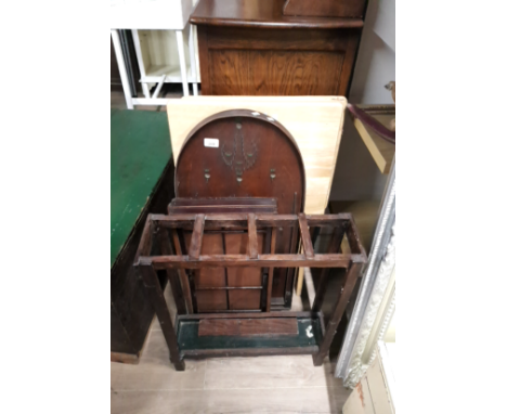 TWO BEECH FOLDING TABLES, BAGATELLE GAME, A UMBRELLA STAND ETC