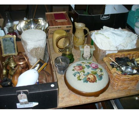 3 Boxes of sundry items, carved elephant figures, brass ornaments including a model of a seated hound, shaving mirror, green 