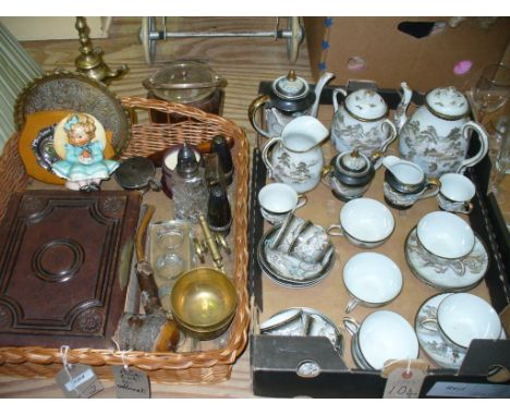 A Brass whale oil lamp, plate mounted oak biscuit barrel, a Victorian photograph album, brass ornaments and an oriental tea s