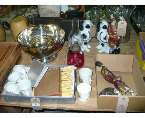 A Silver plated wine cooler / punch bowl, commemorative mugs, fish knives and forks, a cranberry glass oil lamp, a pair of St