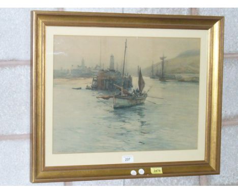  After Charles William Atherton, figures in a masted vessel by a harbour, coloured print.