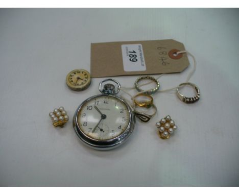 A Silver plated pocket watch, 2 white metal dress rings, gold coloured ring with a single green stone, one other ring, etc.