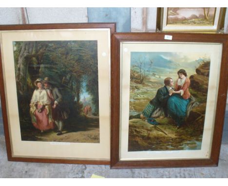 A Coloured print " Burns and his Highland Mary" within an oak frame, a second " The Old Tale " and a sporting print. (3)
