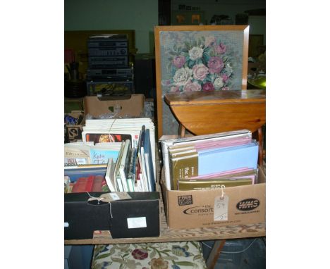 A Box of miscellaneous books, pine drop leaf occasional table, oak framed needlework firescreen, new bedding, curtain rail , 