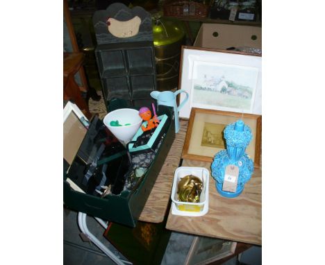 A Bulbous flower encrusted pottery vase, brass furniture fittings, box of sundry items, picture frames, after Audrey Hind lim