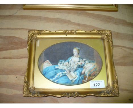 Oval miniature , portrait of a reclining beauty holding a book, watercolour.