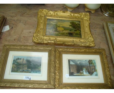 A 19th Century coloured engraving " Thirlwall Castle" , a second coloured print and a painting on tin , figures with a hay ca