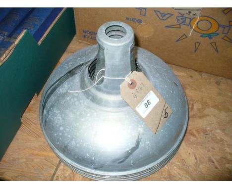 Five metal industrial type hanging light shades.