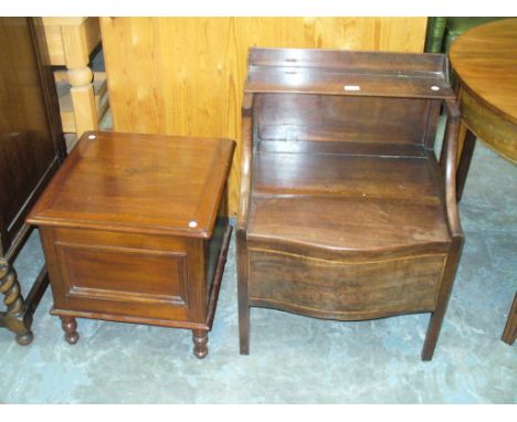 A George III mahogany commode chair with angular downswept arms and a hinged serpentine seat and a Victorian mahogany commode