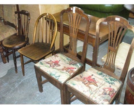 A Pair of 19th century country Chippendale style oak dining chairs with pierced splats, a Victorian kitchen chair with a circ