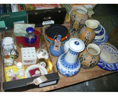 A Qty of decorative ceramics, floral pattern vases, a Chinese blue and white vase table lamp, posy ornaments, willow pattern 