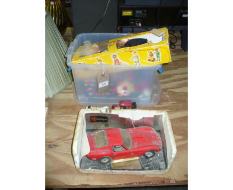 A Boxed Pelham " Witch" sting puppet, other string puppets , a Burago die cast model of a Ferrari and 3 other die cast models