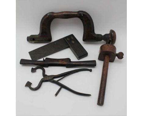 A PAIR OF 19TH CENTURY SUGAR CUTTERS and a quantity of carpenters tools 