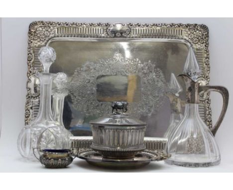 A SILVER PLATED TRAY with floral embossed and pierced rim, 47cm x 35cm, together with; an Elkington & Co. butter dish on stan