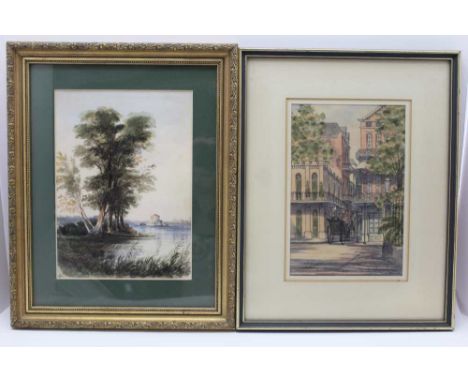 EUROPEAN SCHOOL 'Lake Folly', watercolour painting c.1900, monogrammed WB, 25cm x 18cm, in ornate gilt frame, mounted and gla