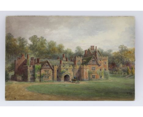 WILLIAM WELLS QUATREMAIN (1857-1930) 'Compton Wynyates' (Tudor Manor House, Warwickshire, horseman &amp; hound at the entranc