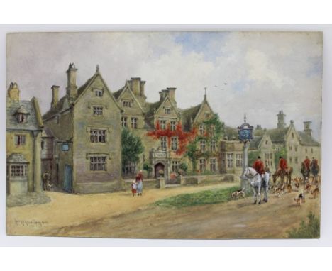 WILLIAM WELLS QUATREMAIN (1857-1930) 'The Lygon Arms' (Hotel in Broadway, Worcestershire, with hunt &amp; hounds) watercolour